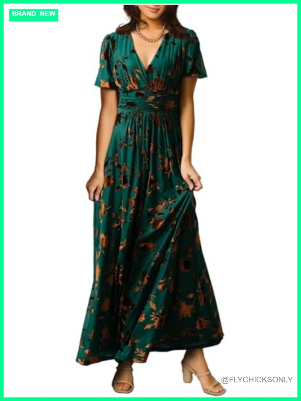 Velvet V-Neck Maxi Dress Short Flare Sleeve Empire Waist Formal Wedding Guest